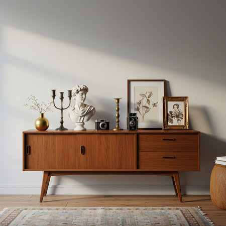 Interior of modern living room with wooden chest of drawers, mirror, candlestick. 3d renderの素材