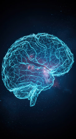 3d render of human brain with glowing lines on dark background. Artificial intelligence conceptの素材