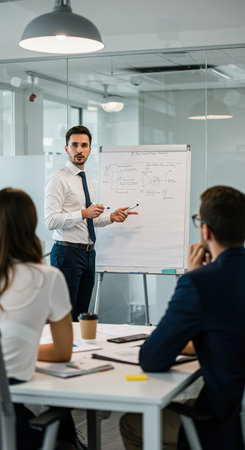 selective focus of businessman pointing at whiteboard during business meeting in officeの素材