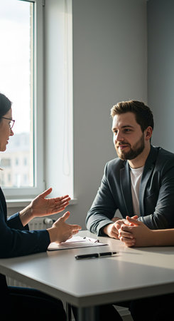 Businesswoman and businessman sitting at table in office and discussing something.の素材