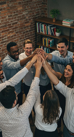 multiethnic business people joining hands and smiling at camera in officeの素材