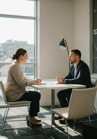 businessman and businesswoman sitting at table and talking during meeting in officeの素材