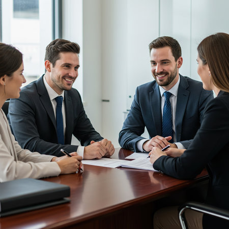 Group of business people sitting and discussing at meeting table in office.の素材
