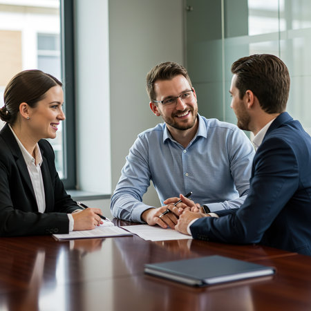Smiling businessman and businesswoman working together in office. Business people sitting at desk and discussing something.の素材