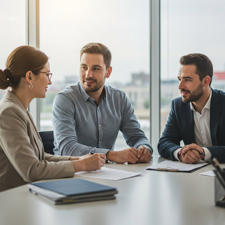 Group of business people discussing business plan at meeting in modern office.の素材
