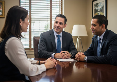 Business people sitting at a table and having a meeting in an officeの素材