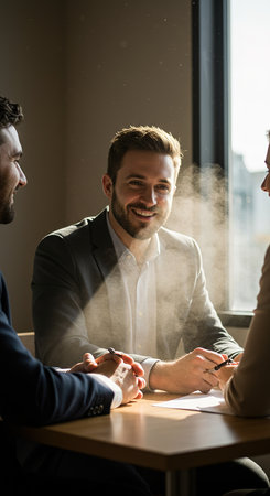 selective focus of smiling businessmen working with papers and smoking in officeの素材