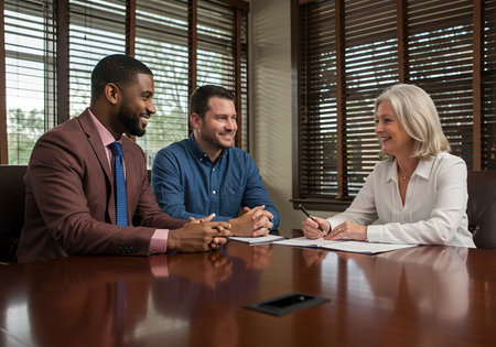 Portrait of business people working together at meeting table in conference roomの素材