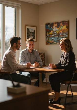 Young business people having a meeting in a modern office. Businessmen and businesswoman sitting at the table and talking.の素材