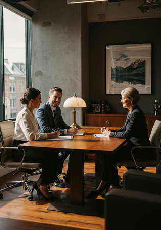 Group of business people working together in office. Businessman and businesswoman sitting at table and working together.の素材