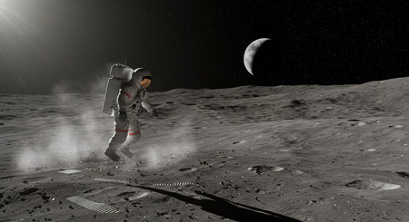 Astronaut running on the moon. Mixed media. Mixed mediaの素材