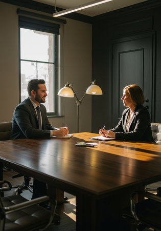 Businessman and businesswoman in meeting room at office. Businessman and businesswoman sitting at table and discussing something.の素材
