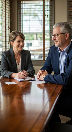 Mature businessman and businesswoman sitting at desk in office and signing contractの素材