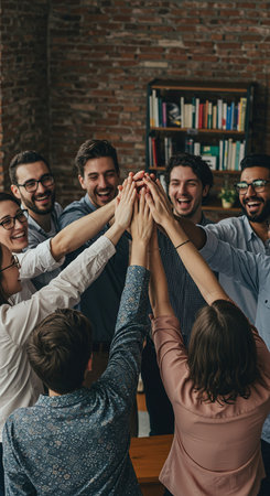Group of young business people in smart casual wear are holding hands together and smiling while standing in officeの素材