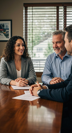 Smiling business people sitting at desk in office and signing contract.の素材