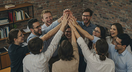 Group of young business people joining hands and smiling while standing in officeの素材