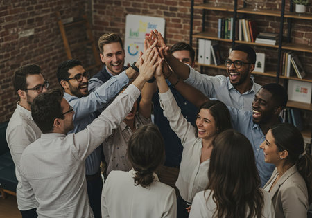 Group of multiethnic business people giving high five in office.の素材