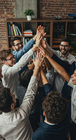 high angle view of happy multicultural businesspeople giving high five in officeの素材