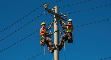 Electricians working on a high voltage power line on blue sky backgroundの素材
