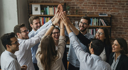 Group of happy young business people giving high five to each other in officeの素材