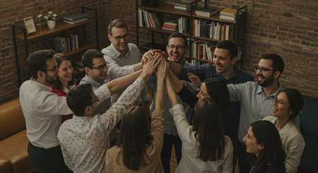 Group of business people joining hands and smiling while celebrating success in officeの素材