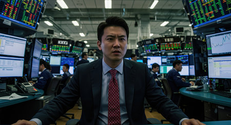 Businessman looking at monitor in office, stock market trading concept.の素材