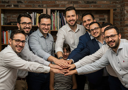 Group of business people putting their hands together on top of each otherの素材