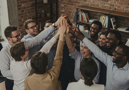 multiethnic group of young businesspeople holding hands together in officeの素材