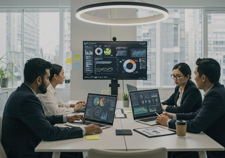 Business people wearing headset working in office to support remote customer or colleague. Call center, telemarketing, customer support agent provide service on video conference call.の素材