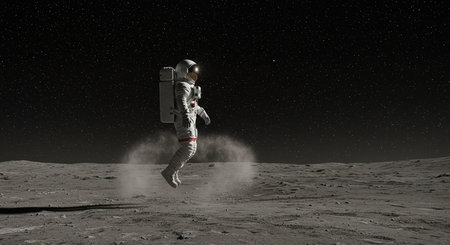 Astronaut running on the moon. Mixed media. Mixed mediaの素材