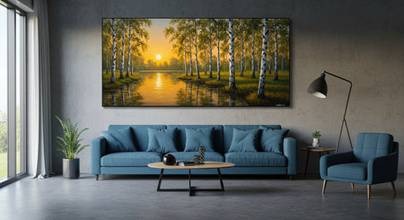 Modern bright interiors apartment with blue sofa illustration 3D rendering computer generated imageの素材