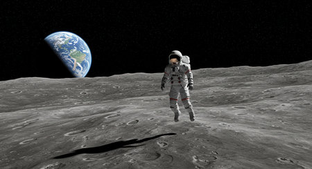 Astronaut on the moon. 3D render. Elements of this image furnished by NASAの素材