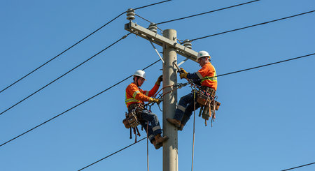 High voltage post workers working on electricity pylon with blue sky backgroundの素材