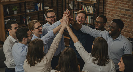 Group of young business people giving high five to each other in office.の素材