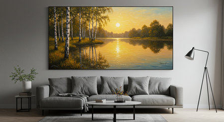 Modern bright interiors 3D rendering illustration with mockup poster frameの素材