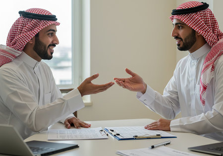 Two arabic businessmen working together in office. Business meeting concept.の素材