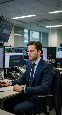 Businessman analyzing stock market data on computer monitors in office. Business, finance and investment concept.の素材