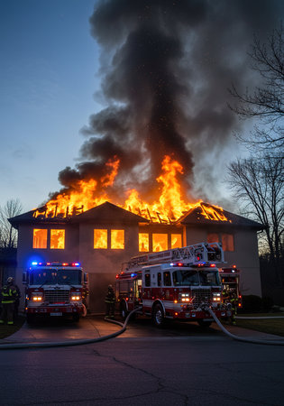 Firefighters fighting a fire in Brooklyn, New Yorkの素材