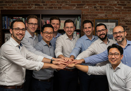 Group of business people putting their hands together in a circle as a symbol of unity.の素材
