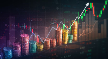 Stock market or forex trading graph and candlestick chart suitable for financial investment concept. Economy trends background for business idea and all art work design. Abstract finance background.の素材