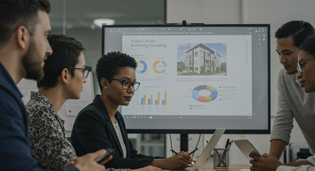 Group of business people discussing business plan at meeting in office. Businessman using digital tablet and laptop computer while having discussion with colleague.の素材
