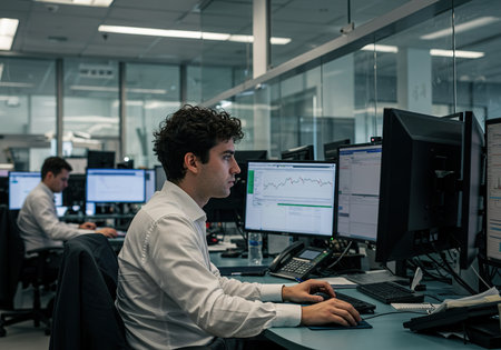 Side view of a handsome young businessman working on computer in an officeの素材
