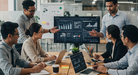 Business people in corporate staff meeting. Profession businesswomen, businessmen and office workers working in team conference with project planning document on meeting table.の素材