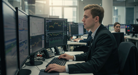 Side view of young caucasian businessman working on computer monitors in office.の素材