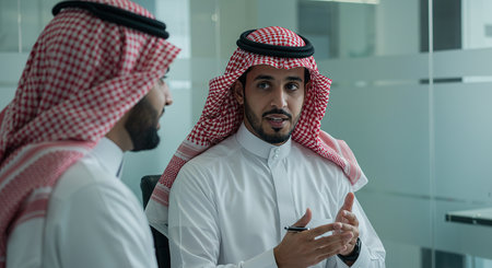 Arabic businessman talking with his colleague in office. Business meeting conceptの素材