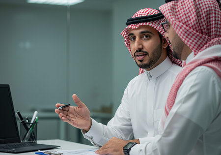Arabic Businessman Talking with Colleague in Office. Business Conceptの素材