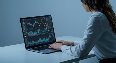 Businesswoman using laptop with stock market chart on screen. 3d renderingの素材