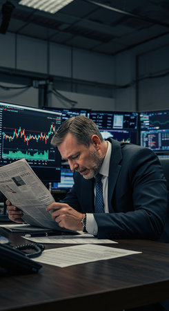 Mature businessman reading newspaper while sitting at table in office. Businessman analyzing financial data.の素材