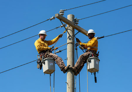 High voltage electricians working on a high-voltage power lineの素材