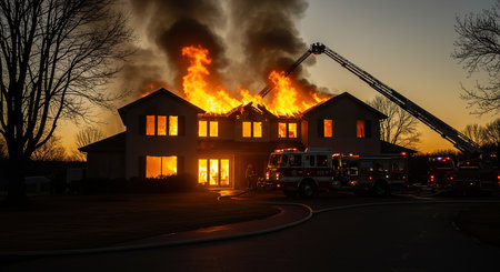 Firefighters fighting a fire in a house. Firefighters fighting a fire.の素材